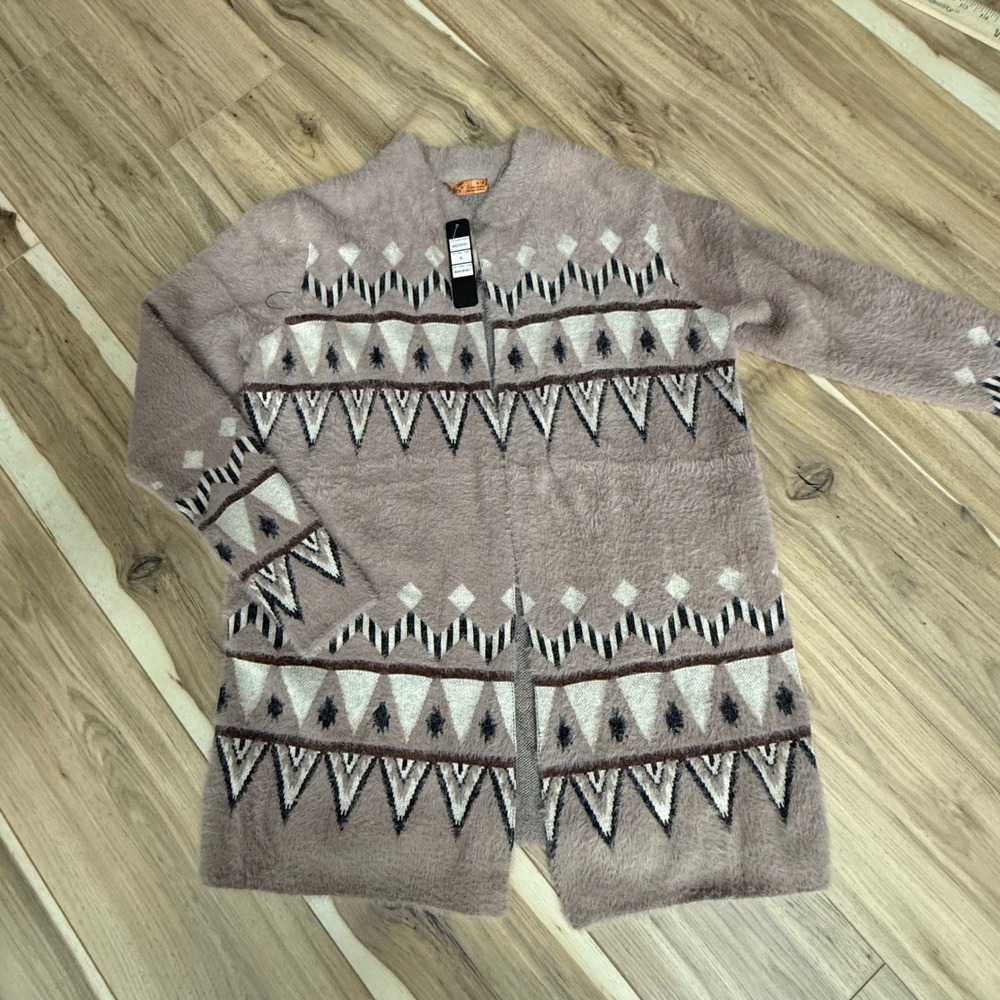 Bellini Women M MochaCino Multi Geometric Fuzzy‎ Knit Cardigan Sweater